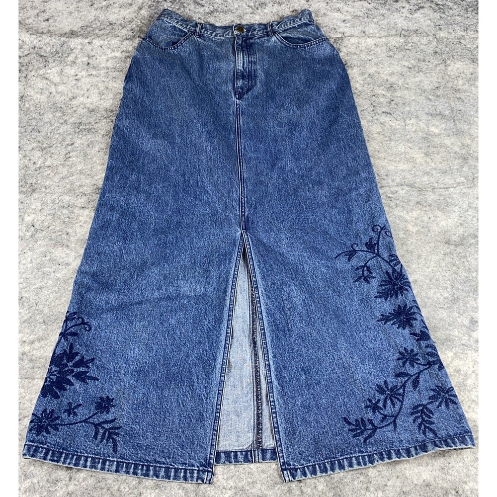 Y2K Denim Eddie Bauer Womens 12 Tall Jean Maxi Skirt Front Slit Medium Wash